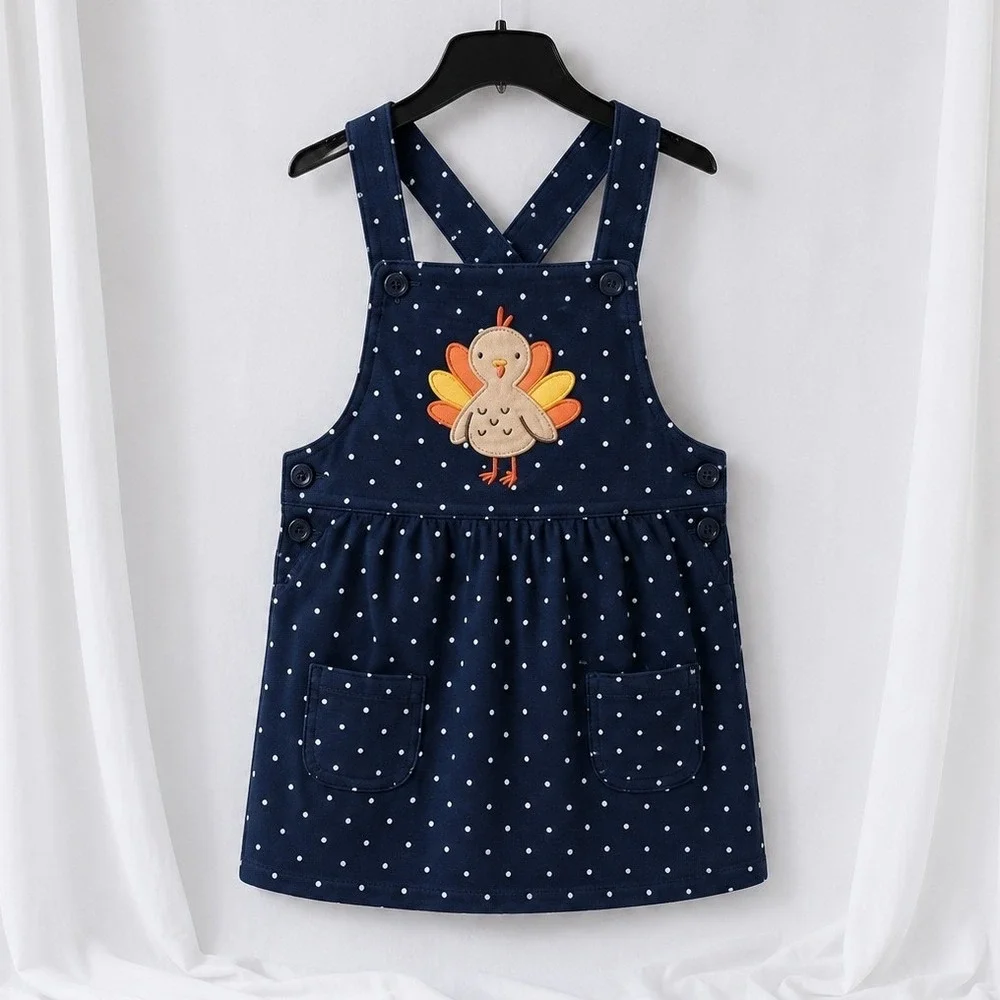 Carter's Baby Girl Turkey Jumper‎ Dress 12M Thanksgiving Outfit Navy Polka Dot
